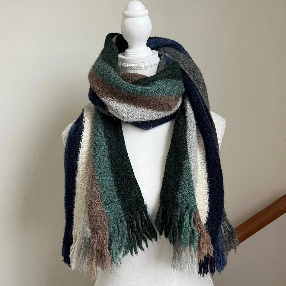 Chunky Extra Long Winter Neck‎ Scarf Fringe Striped Alpaca Knit Cozy Oversized